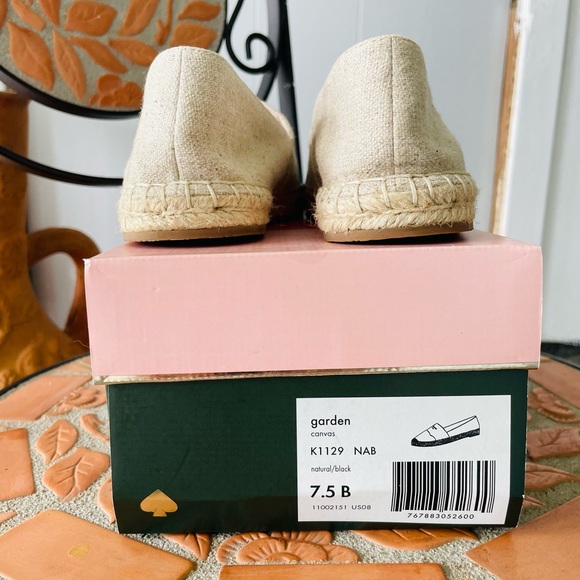 🍀KATE SPADE Garden Black Leather & Natural Canvas Espadrilles - Picture 2 of 6